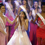 Miss Puerto Rico Stephanie Del Valle reacts to being named Miss World as Miss Philippines Catriona Elisa Gray and Miss Kenya Evelyn Njambi Thungu watch during the Miss World 2016 Competition in Oxen Hill