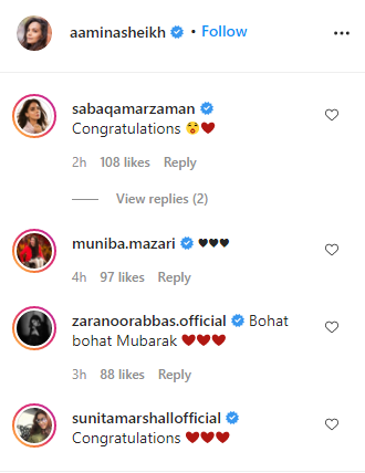 Celebrities comments on amina sheikh wedding ring post