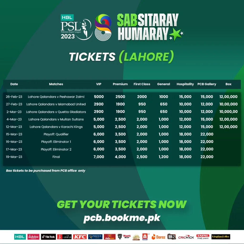 PSL 8 Ticket Prices Lahore