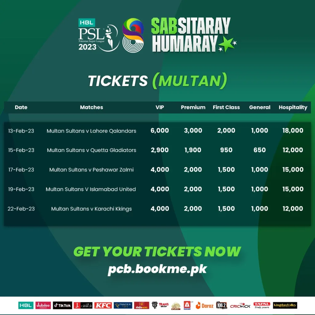 PSL 8 Ticket Prices Multan