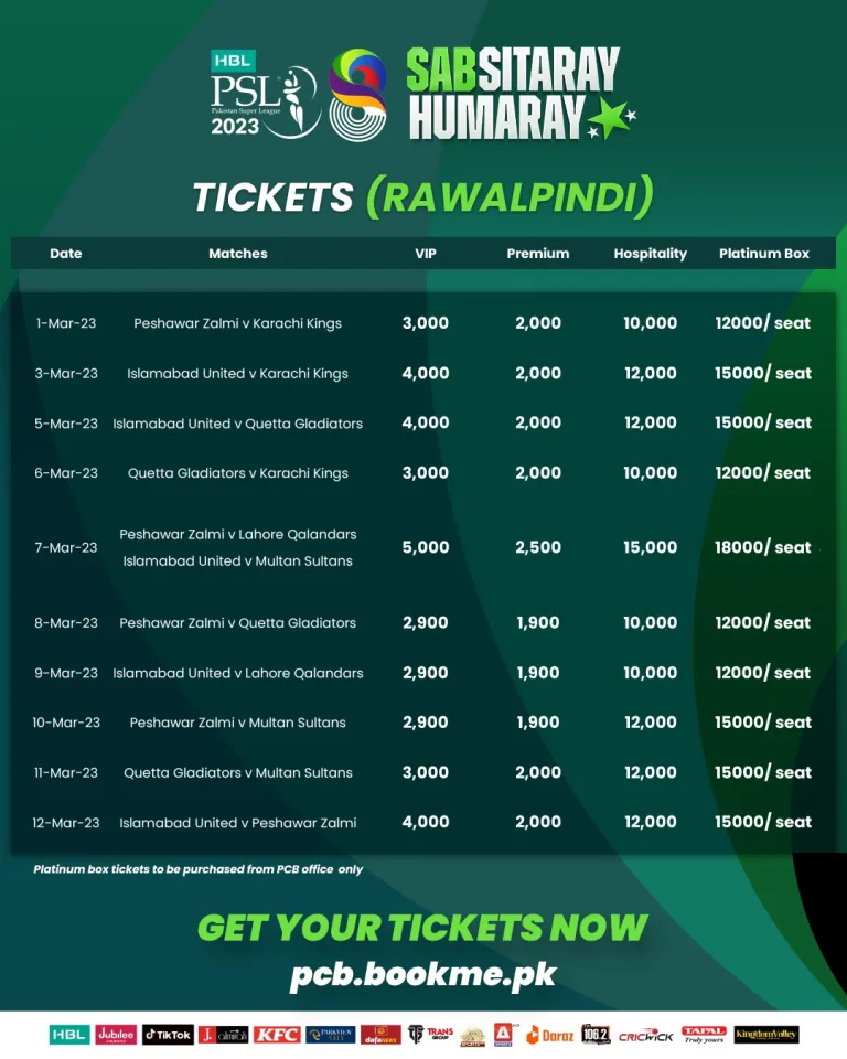 PSL 8 Ticket Prices Rawalpindi 