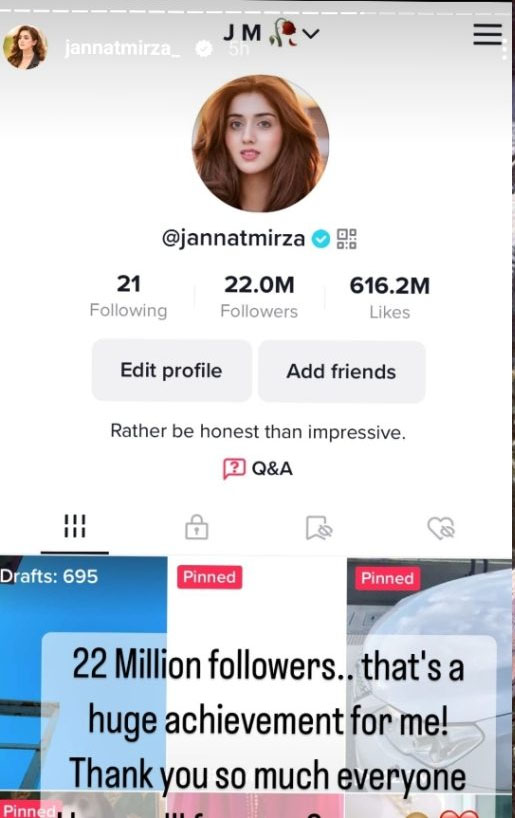 Jannat Mirza 22 Million TikTok Followers